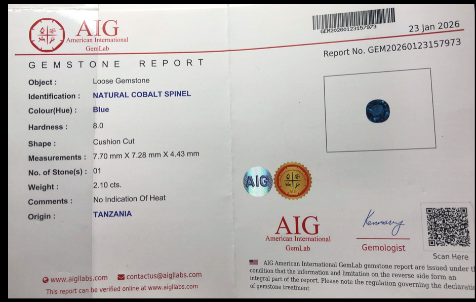 Rare Natural 2.01 ct Blue Cobalt Spinel (Tanzania)